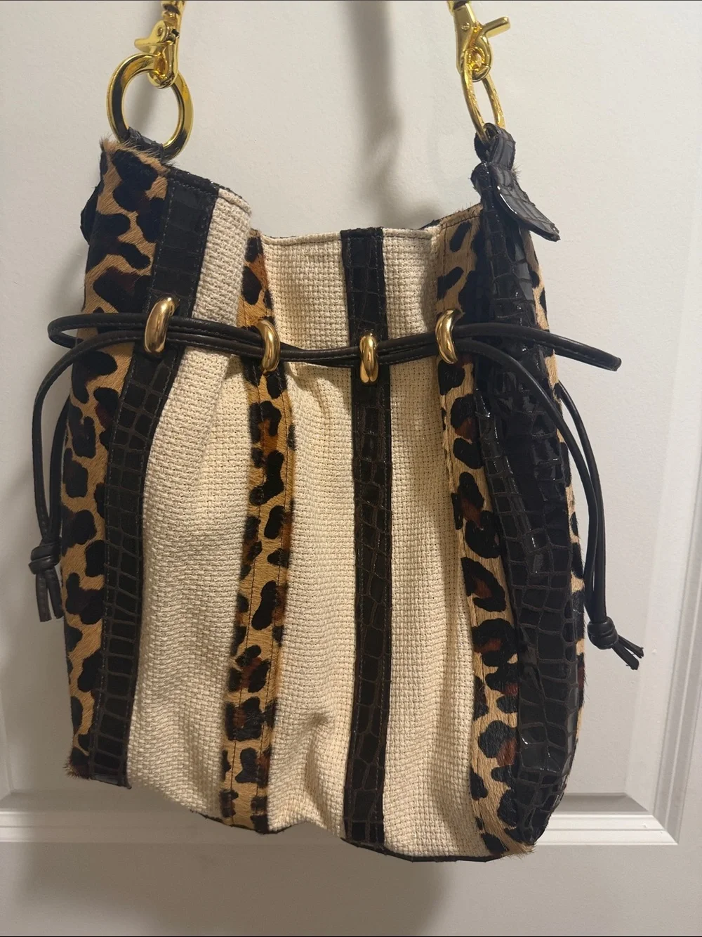 Woven Cream & Leopard Drawstring Shoulder Bag